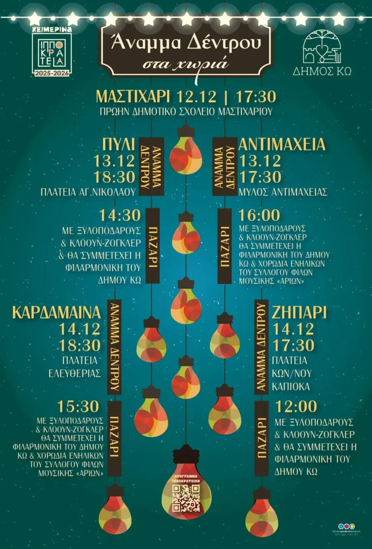 Φωταγωγήσεις και Χριστουγεννιάτικα Παζάρια σε όλη την Κω στο πλαίσιο των «Ιπποκρατείων 2025-26»